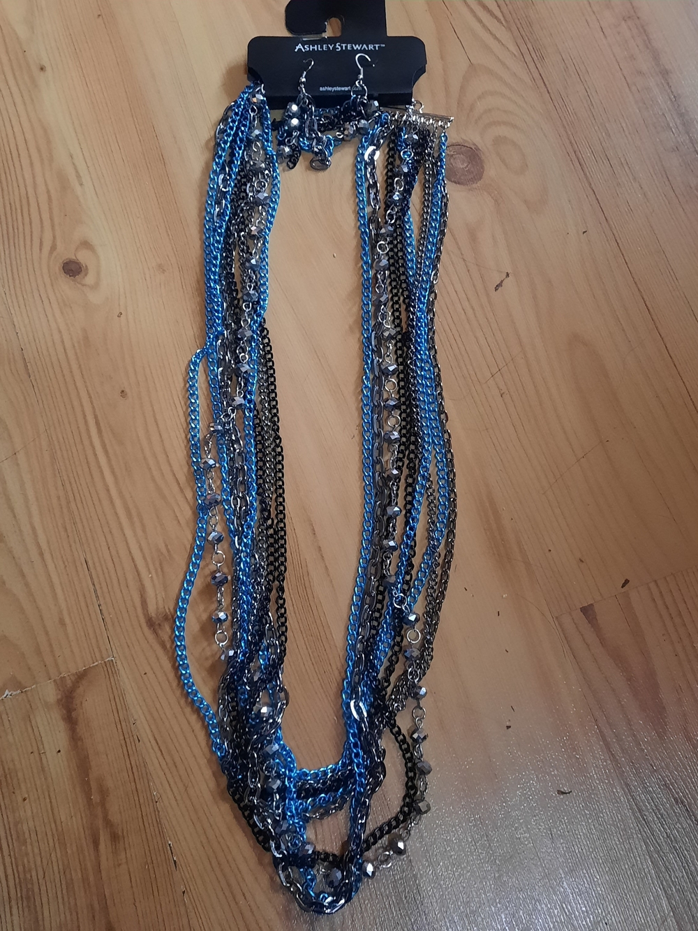 Ashley Stewart Blue and Gunmetal Multi-Chain Necklace